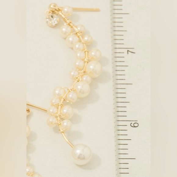 Gold Pearl Cluster Drop Earrings - White Pearls - Picture 4 of 5